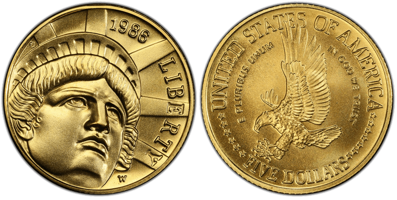 1986-W Statue of Liberty $5 Gold — first modern gold commemorative